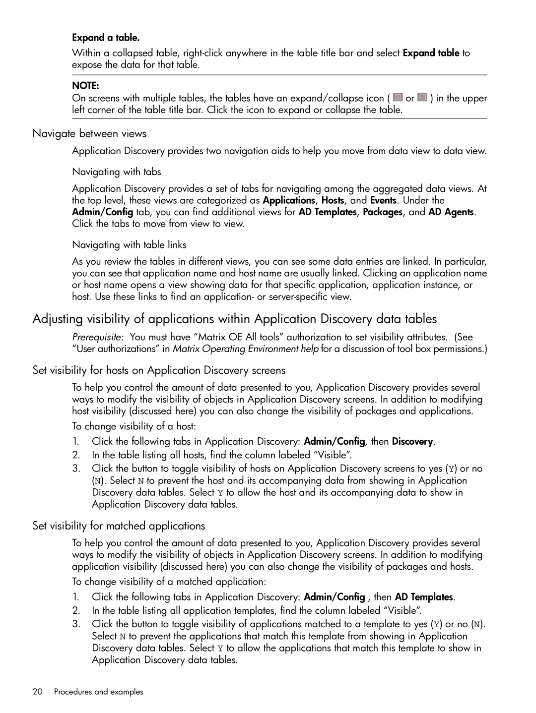 HP Matrix Operating Environment Software Navigate between views, Set visibility for hosts on Application Discovery screens 