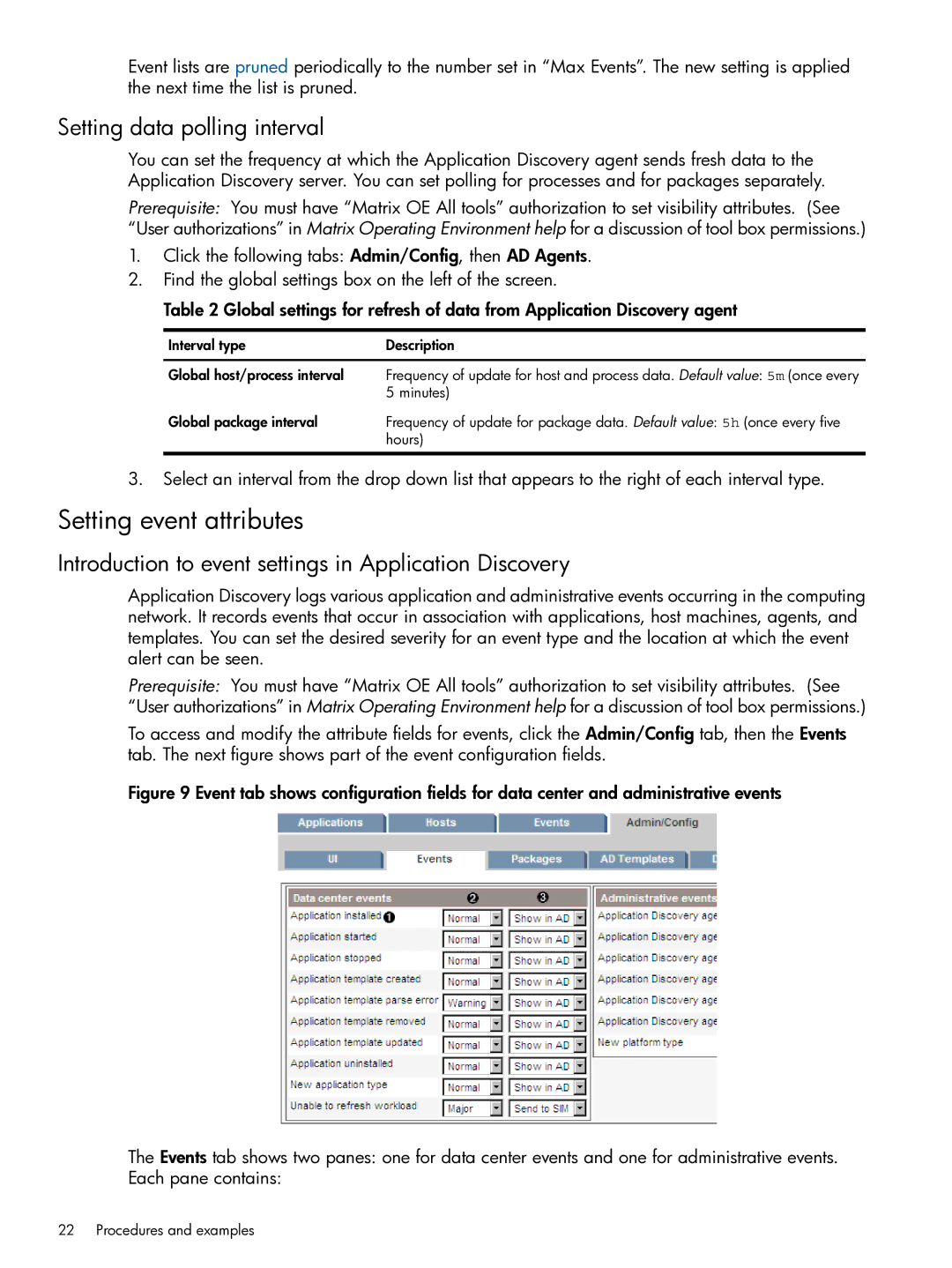 HP Matrix Operating Environment Software manual Setting event attributes, Setting data polling interval 