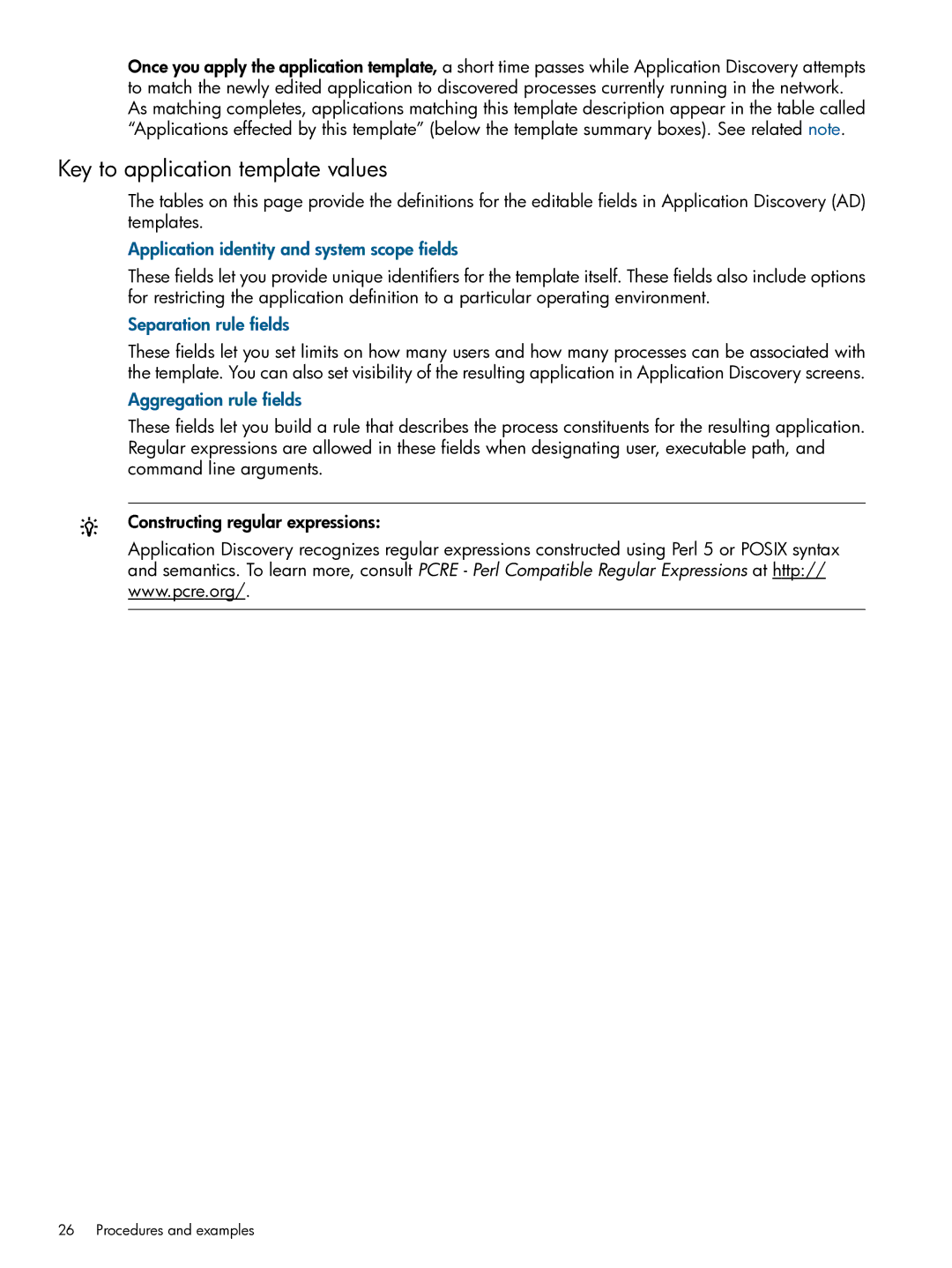 HP Matrix Operating Environment Software Key to application template values, Application identity and system scope fields 