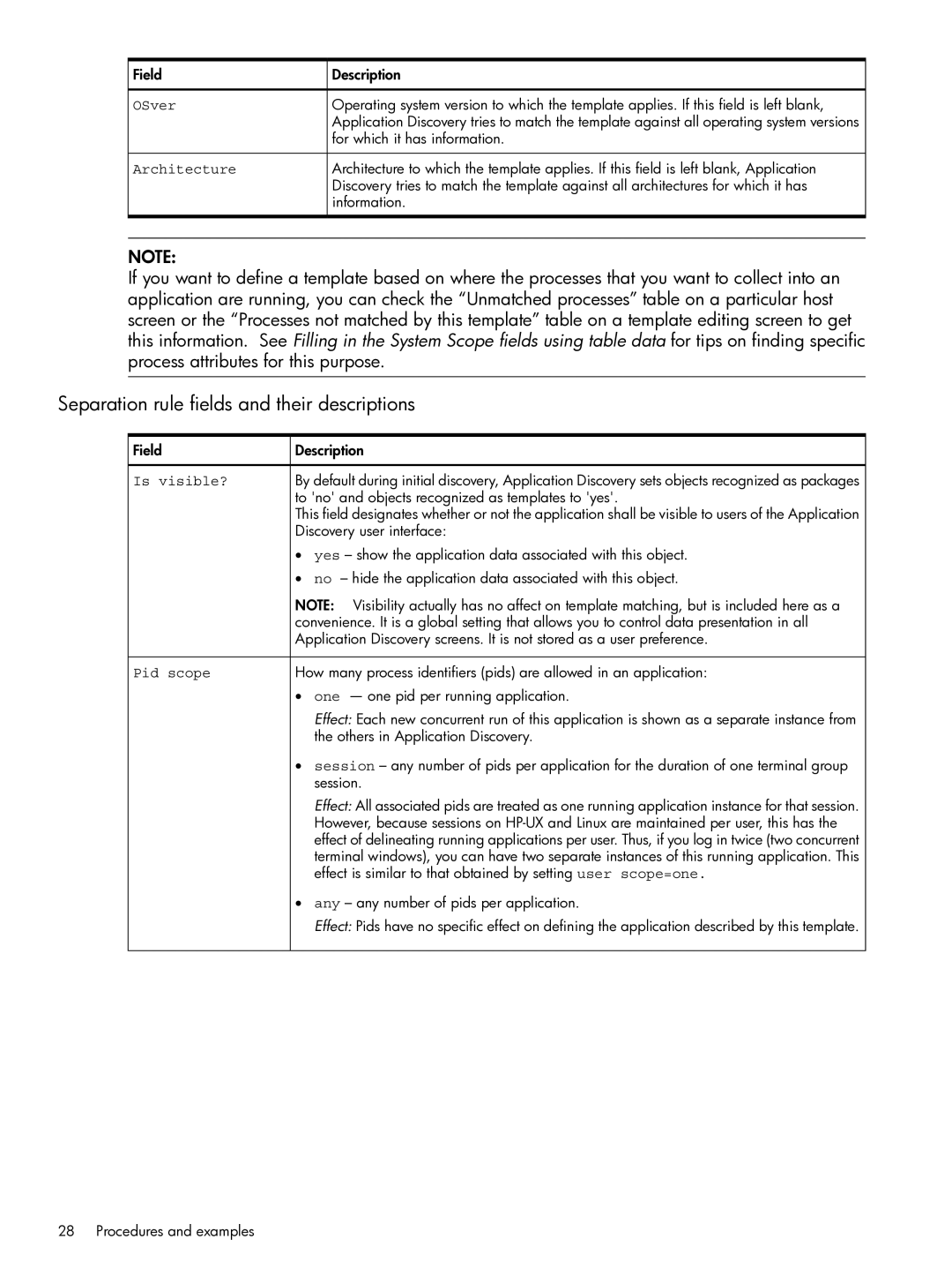 HP Matrix Operating Environment Software manual Separation rule fields and their descriptions, OSver 