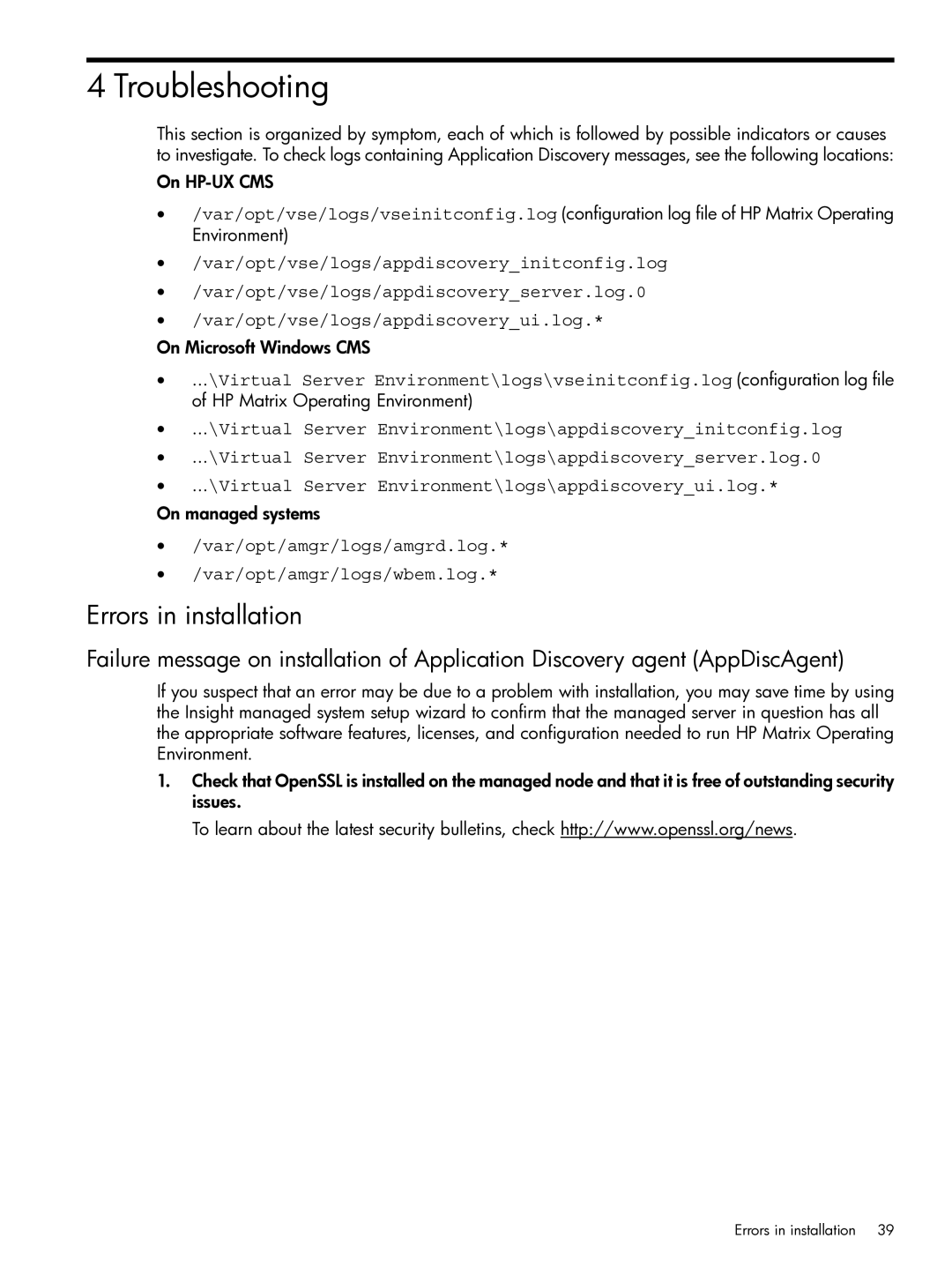 HP Matrix Operating Environment Software manual Troubleshooting, Errors in installation 