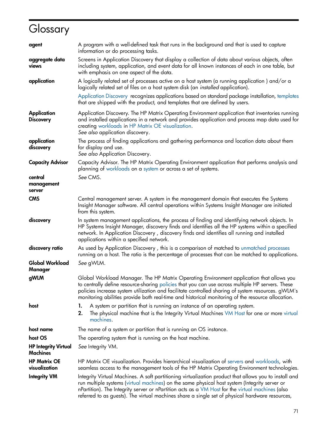 HP Matrix Operating Environment Software manual Glossary, Application 