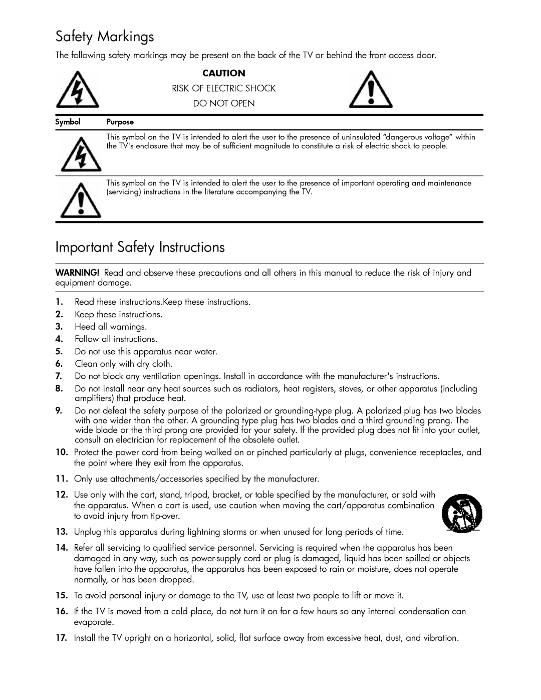 HP md5820n 58 inch 720p, md5020n 50 inch 720p manual Safety Markings, Important Safety Instructions, Symbol Purpose 