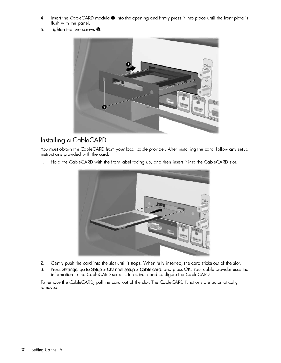 HP md5880n 58 inch 1080p, md5020n 50 inch 720p, md6580n 65 inch 1080p, md5820n 58 inch 720p manual Installing a CableCARD 