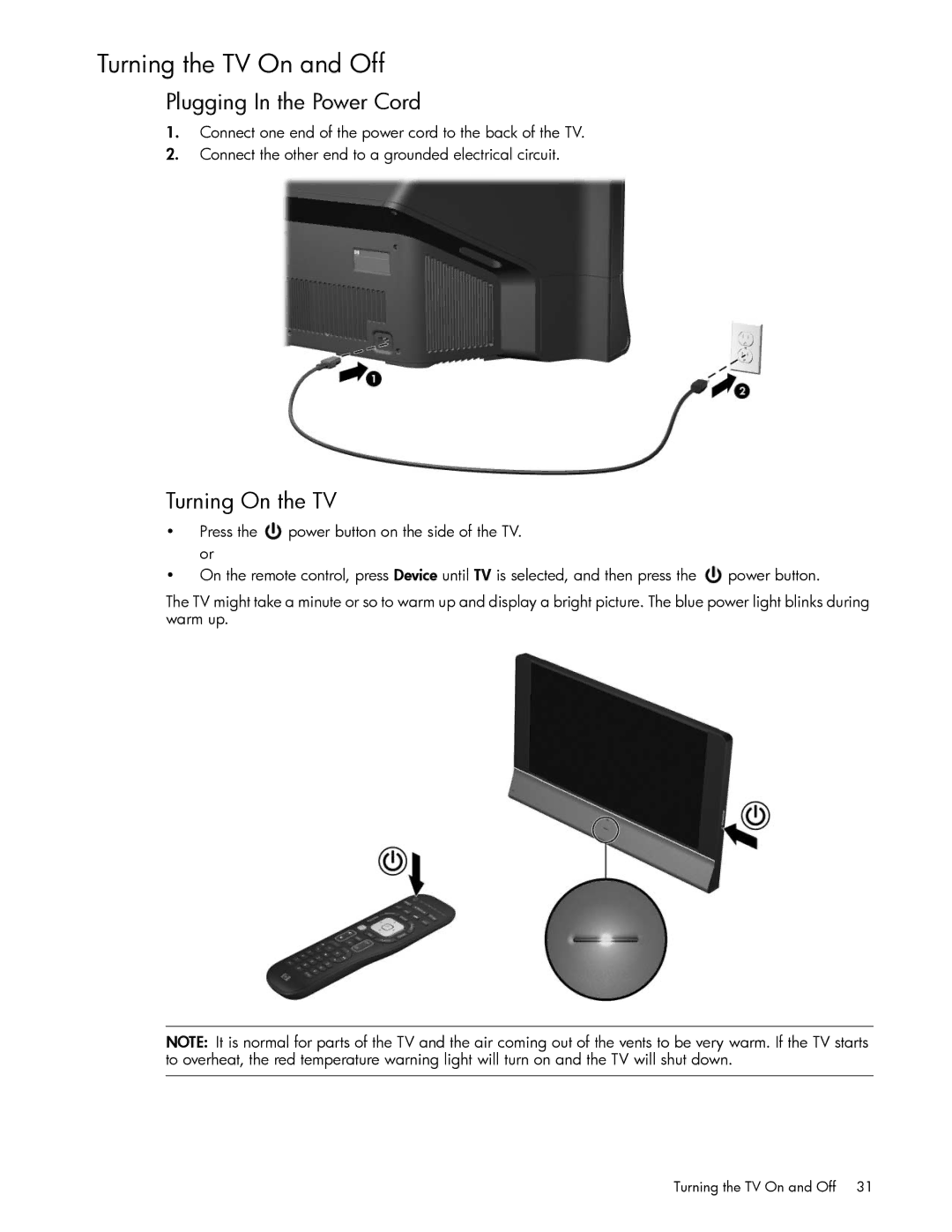 HP md5820n 58 inch 720p, md5020n 50 inch 720p Turning the TV On and Off, Plugging In the Power Cord, Turning On the TV 