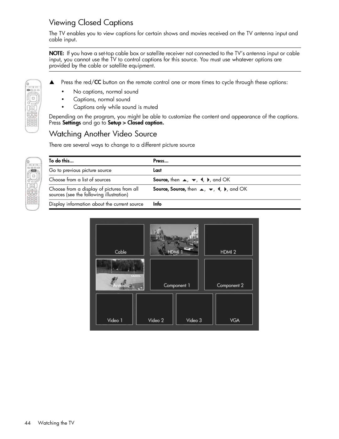 HP md5020n 50 inch 720p, md6580n 65 inch 1080p, md5820n 58 inch 720p Viewing Closed Captions, Watching Another Video Source 