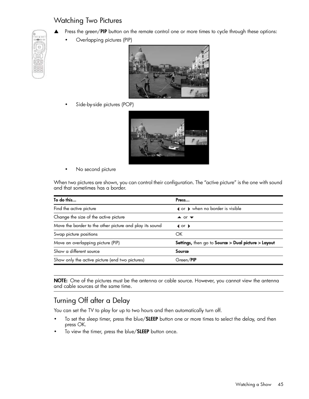 HP md6580n 65 inch 1080p, md5020n 50 inch 720p, md5880n 58 inch 1080p manual Watching Two Pictures, Turning Off after a Delay 