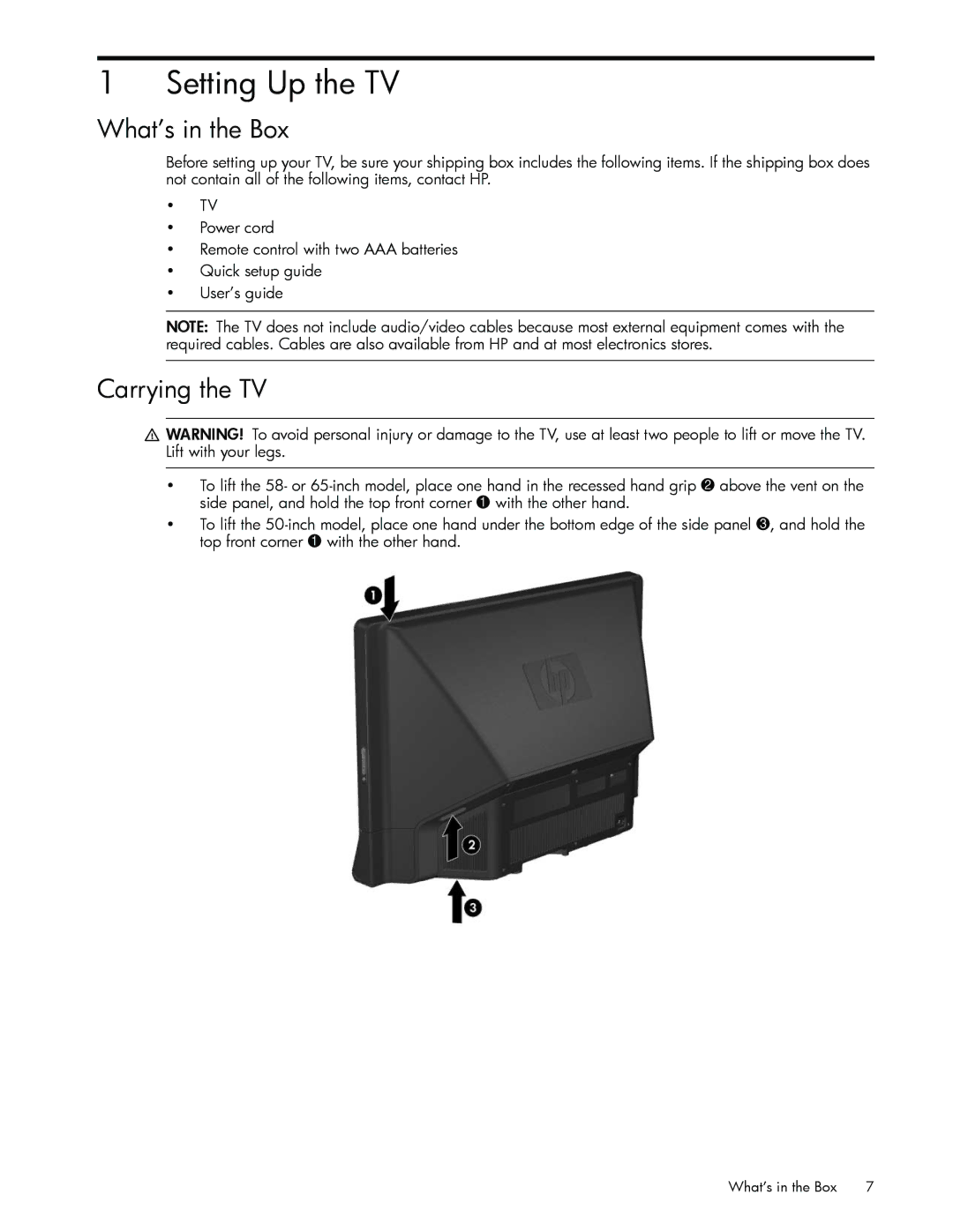 HP md5820n 58 inch 720p, md5020n 50 inch 720p, md6580n 65 inch 1080p Setting Up the TV, What’s in the Box, Carrying the TV 