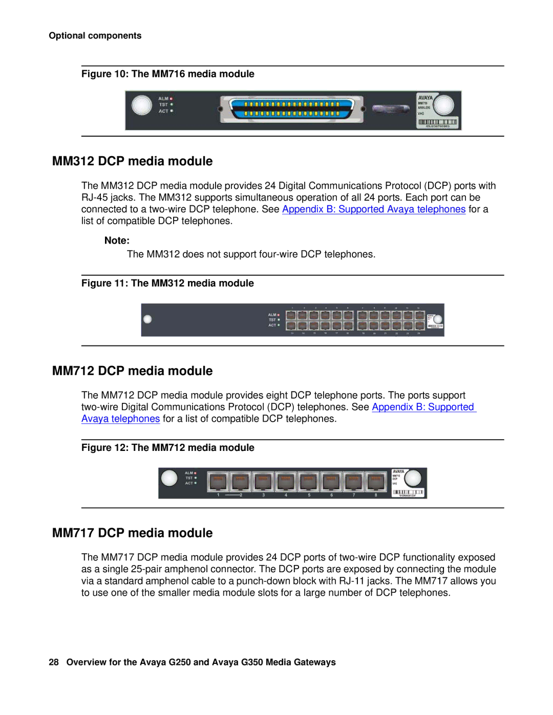 HP Media Gateways G350, Media Gateways G250 manual MM312 DCP media module, MM712 DCP media module, MM717 DCP media module 