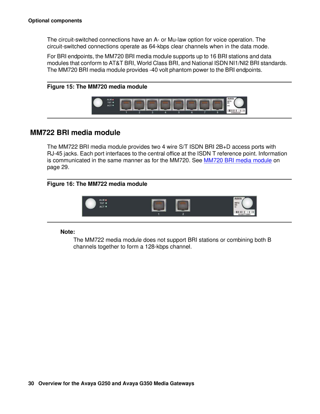 HP Media Gateways G350, Media Gateways G250 manual MM722 BRI media module, MM720 media module 