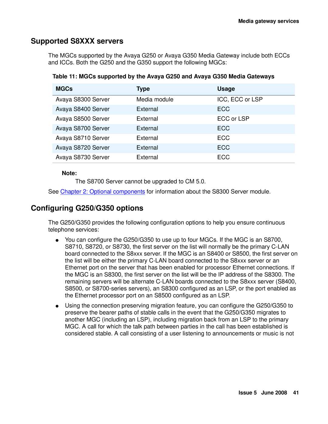 HP Media Gateways G250, Media Gateways G350 manual Supported S8XXX servers, Configuring G250/G350 options 