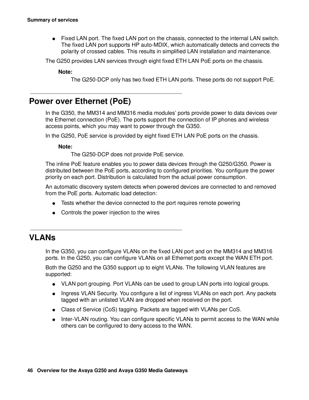 HP Media Gateways G350, Media Gateways G250 manual Power over Ethernet PoE, VLANs 