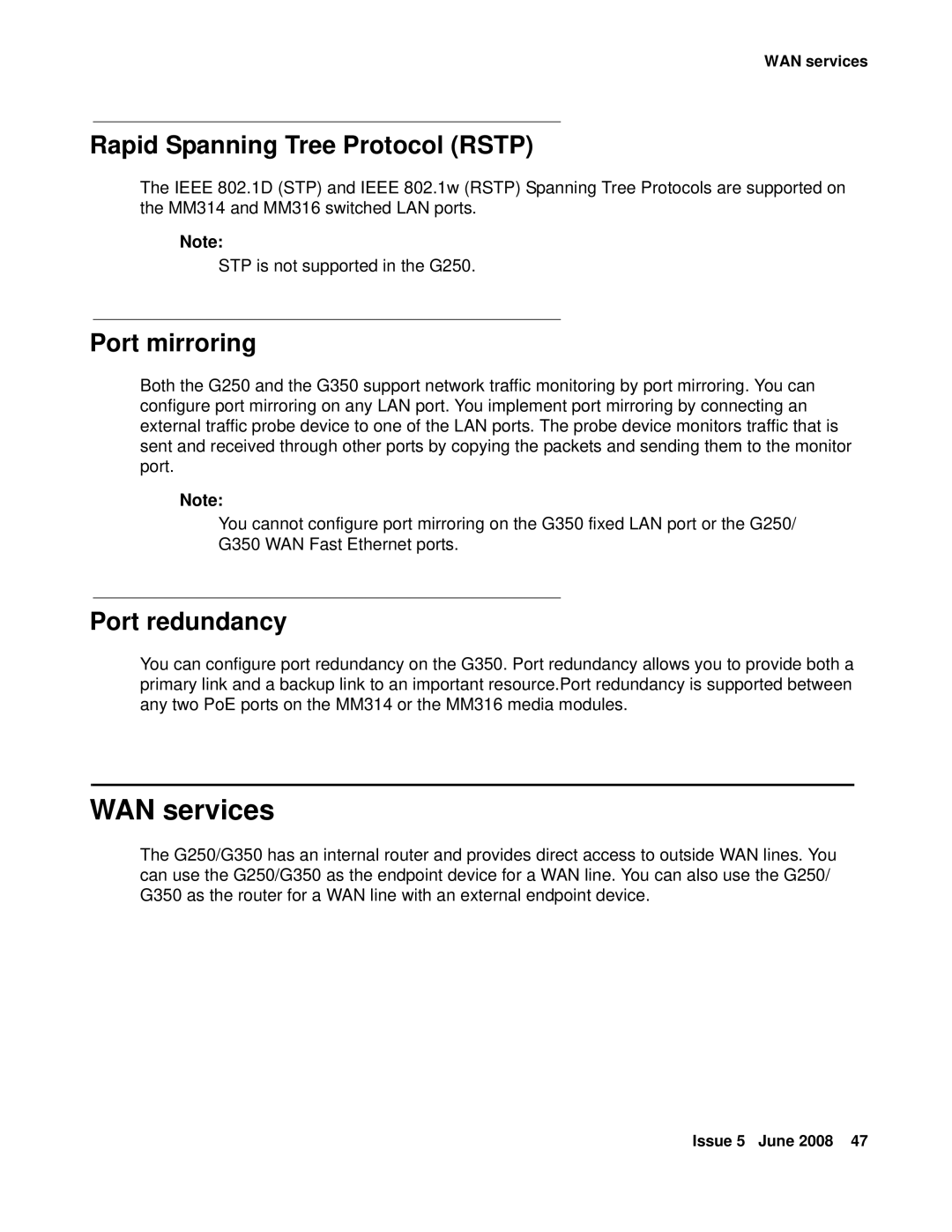 HP Media Gateways G250 manual WAN services, Rapid Spanning Tree Protocol Rstp, Port mirroring, Port redundancy 