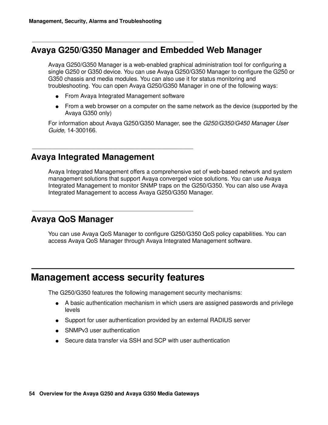 HP Media Gateways G350 manual Management access security features, Avaya G250/G350 Manager and Embedded Web Manager 