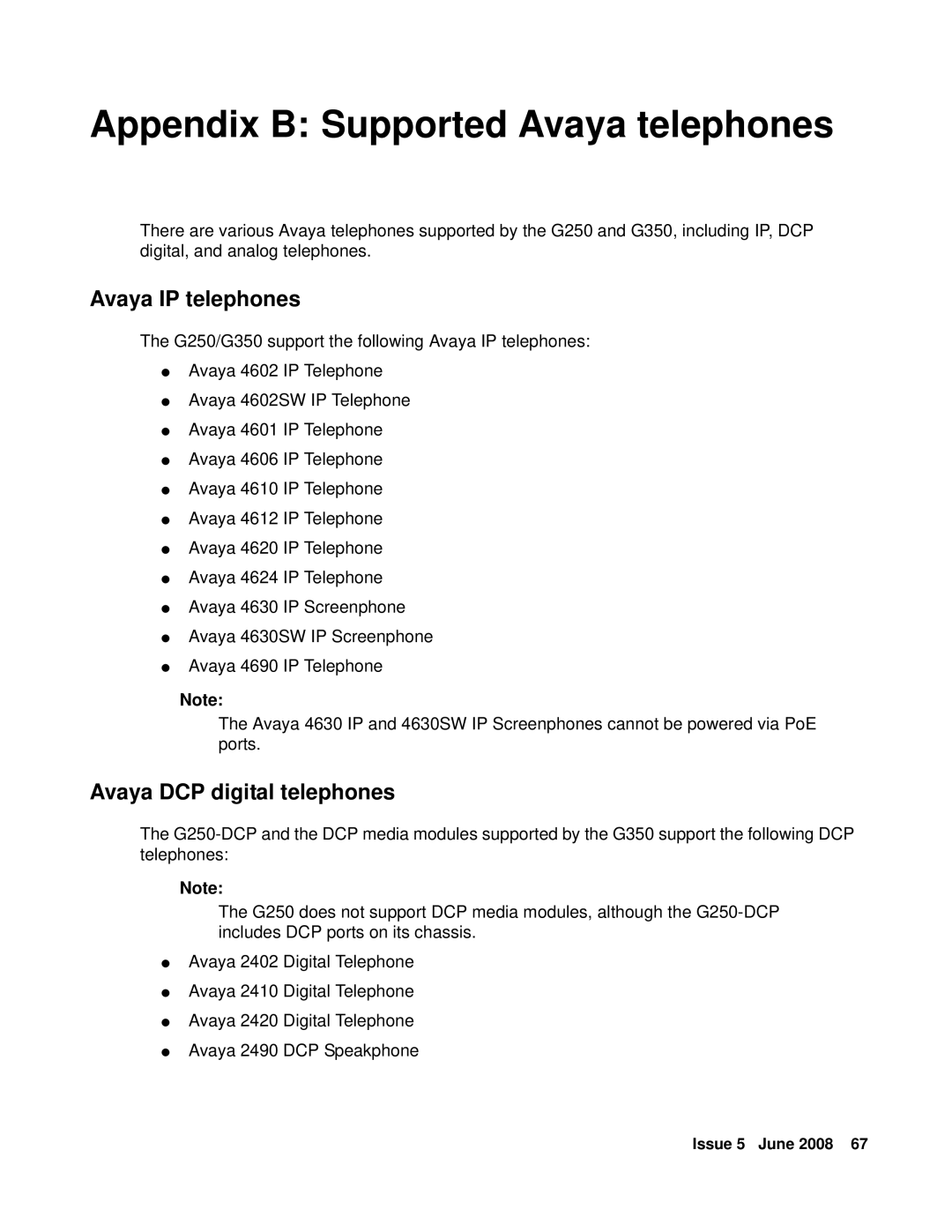 HP Media Gateways G250 manual Appendix B Supported Avaya telephones, Avaya IP telephones, Avaya DCP digital telephones 