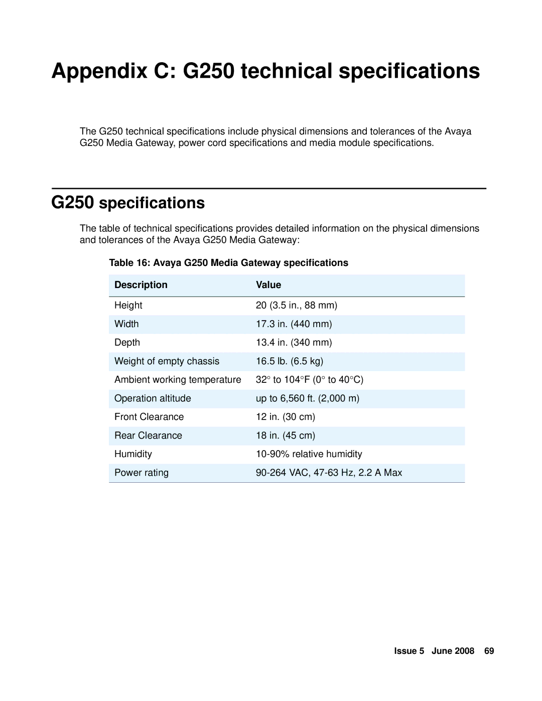 HP Media Gateways G250, Media Gateways G350 manual Appendix C G250 technical specifications, G250 specifications 