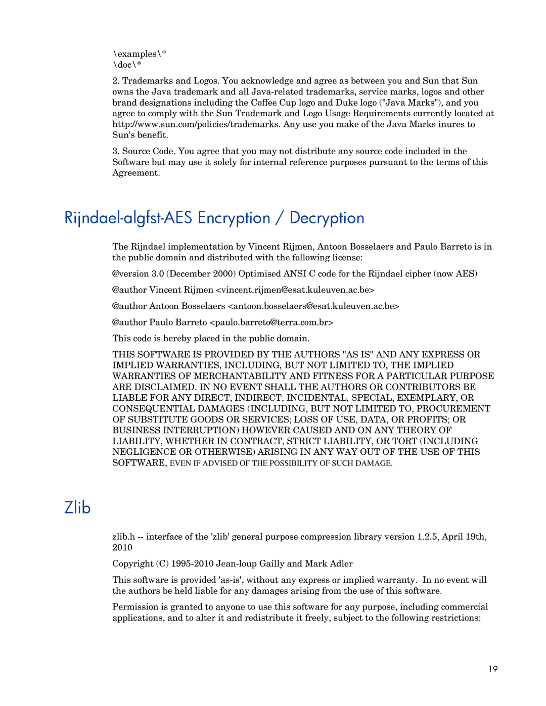 HP Medical Archive Solution Software manual Rijndael-algfst-AES Encryption / Decryption, Zlib 