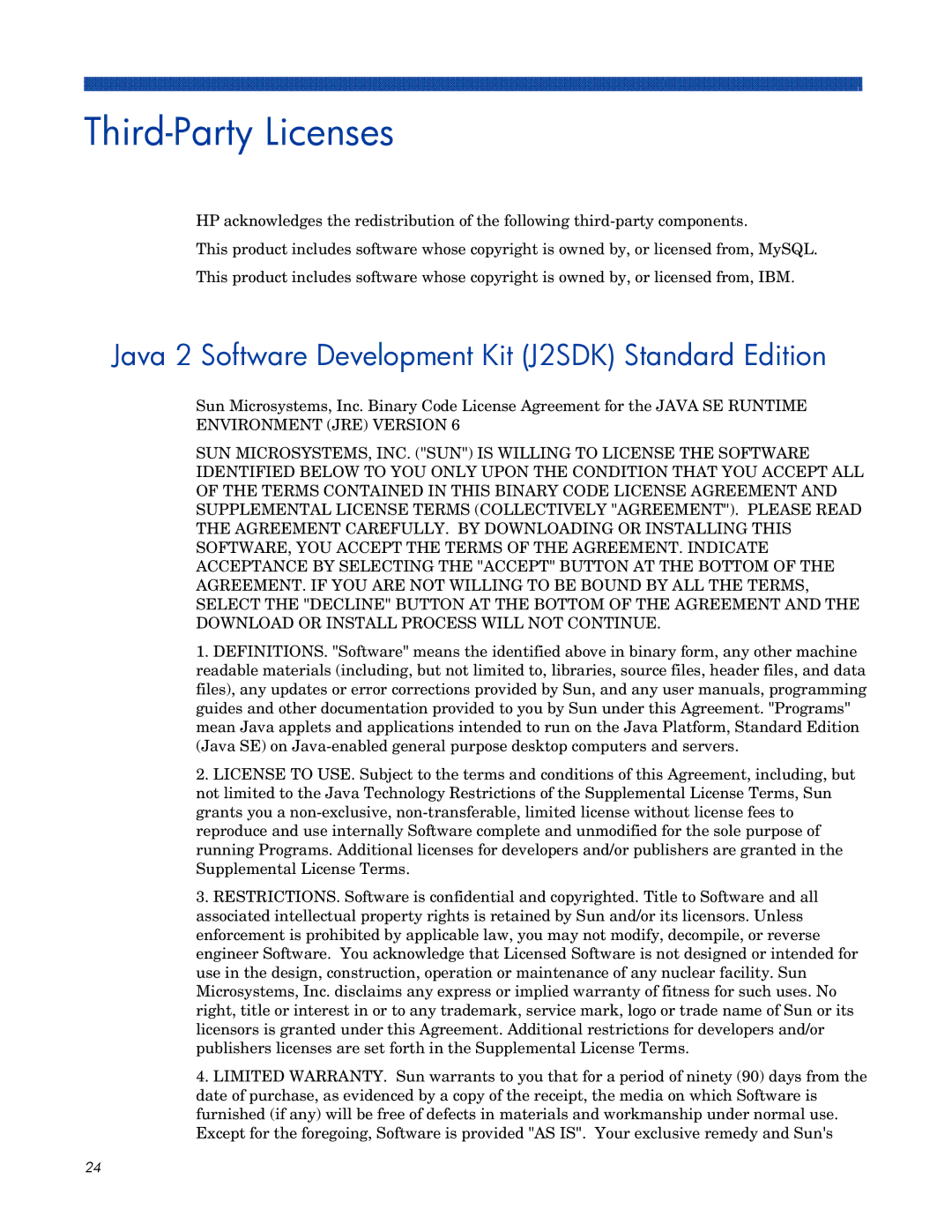 HP Medical Archive Solution Software manual Third-Party Licenses, Java 2 Software Development Kit J2SDK Standard Edition 