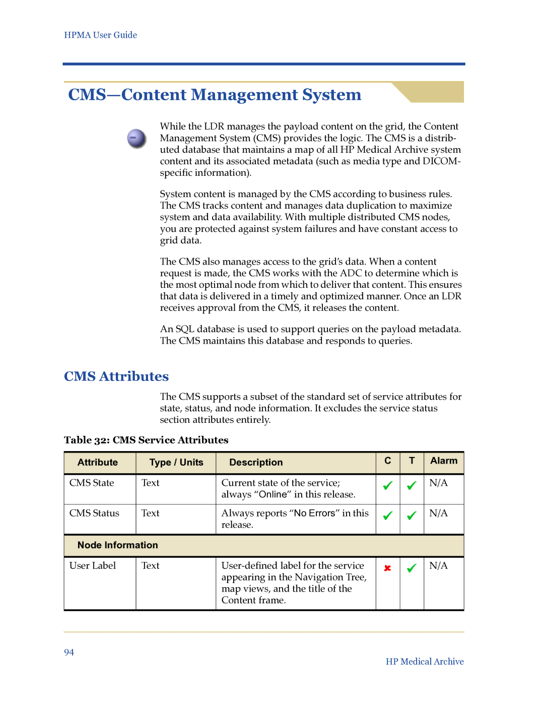 HP Medical Archive Solution manual CMS-Content Management System, CMS Attributes, CMS Service Attributes 