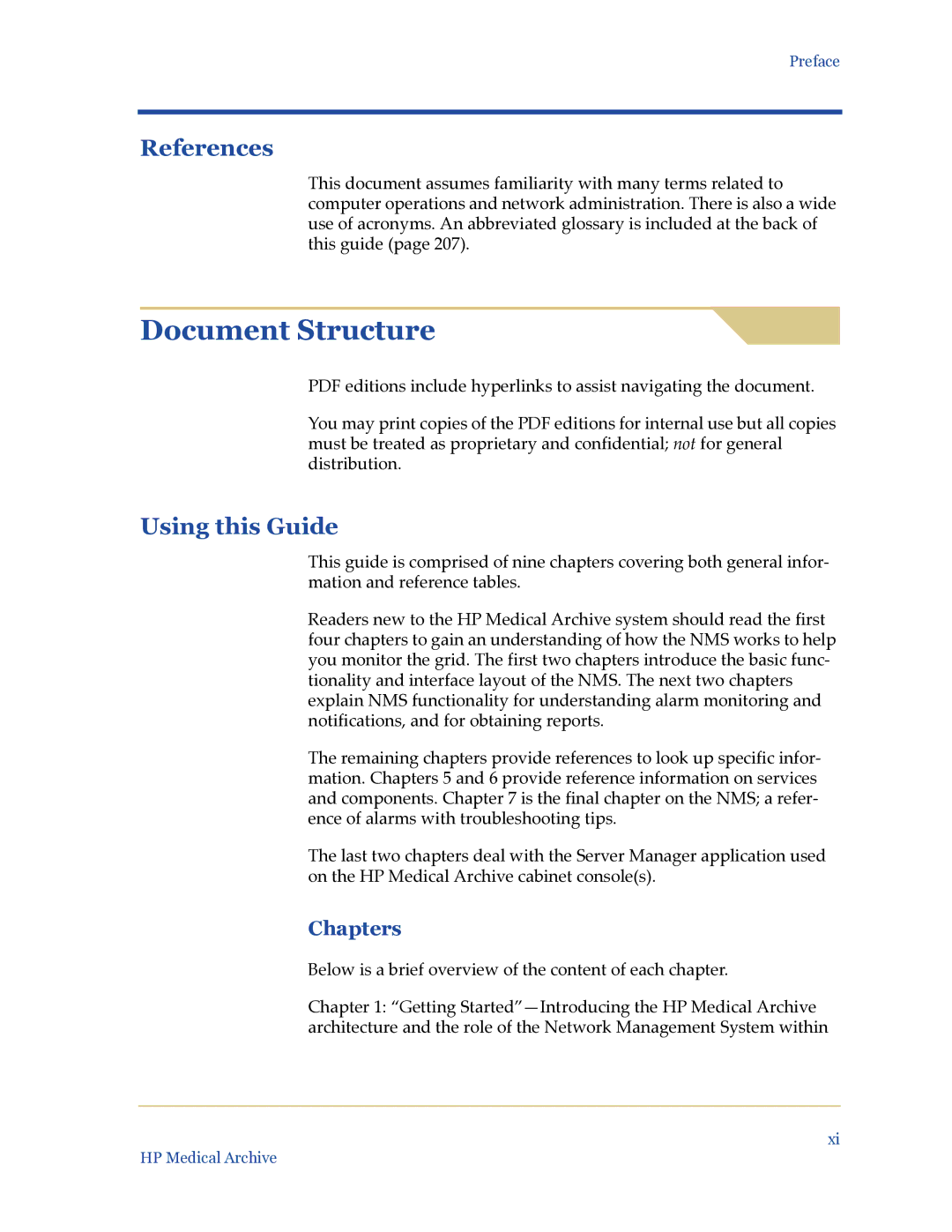 HP Medical Archive Solution manual Document Structure, References, Using this Guide, Chapters 