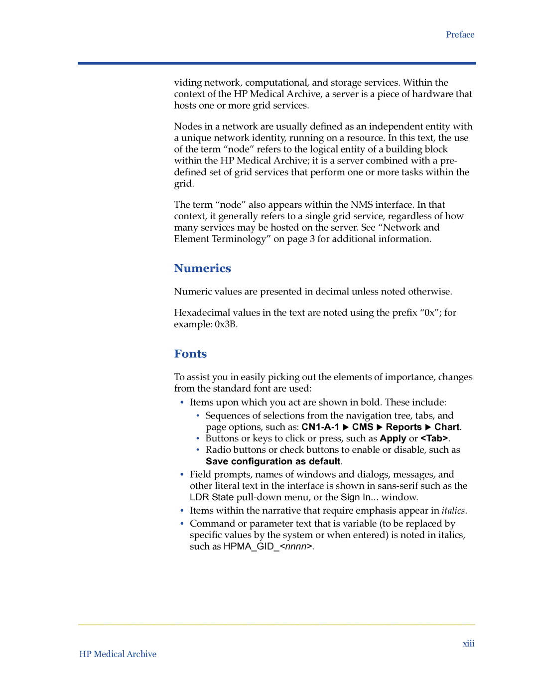 HP Medical Archive Solution manual Numerics, Fonts, Save configuration as default 