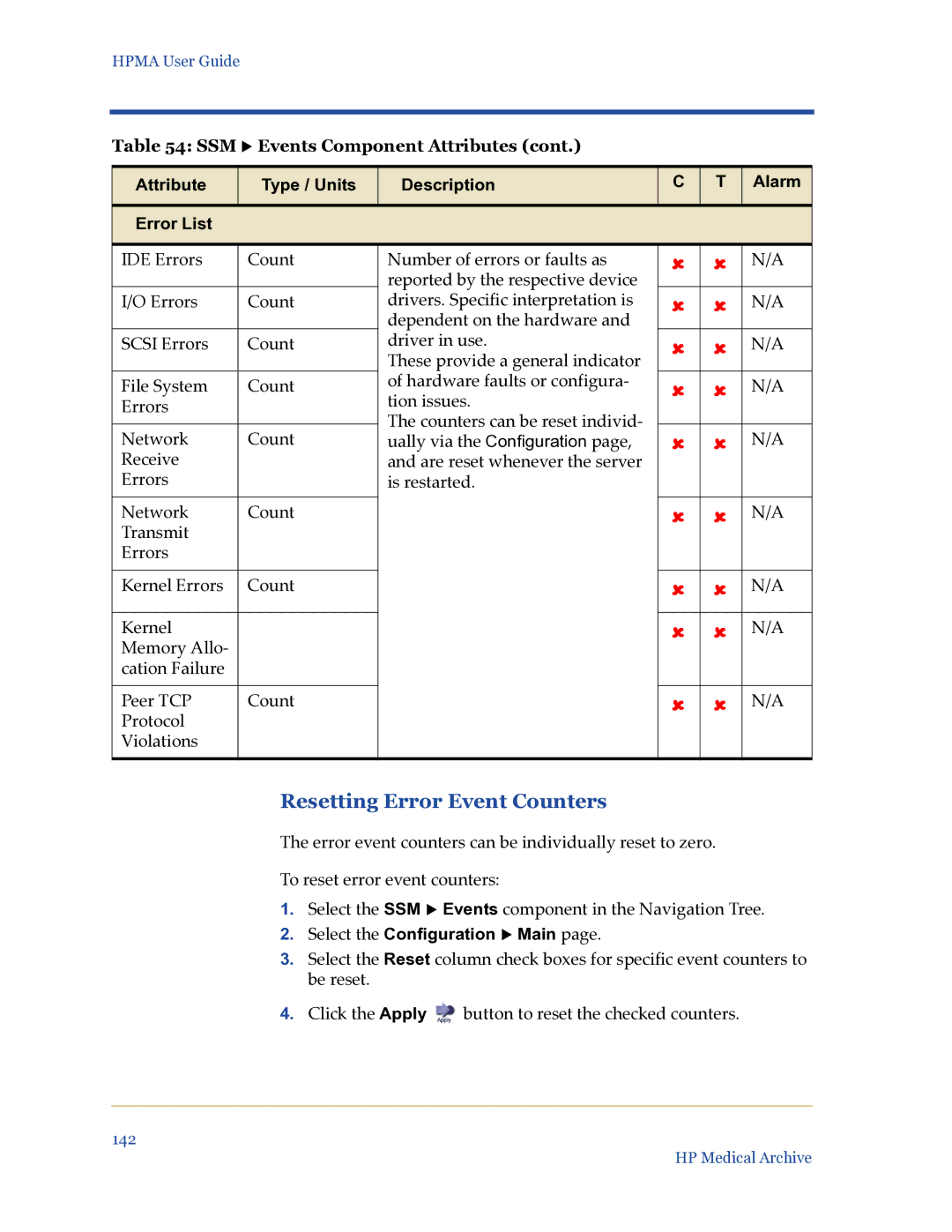 HP Medical Archive Solution manual Resetting Error Event Counters, Attribute Type / Units Description Alarm Error List 