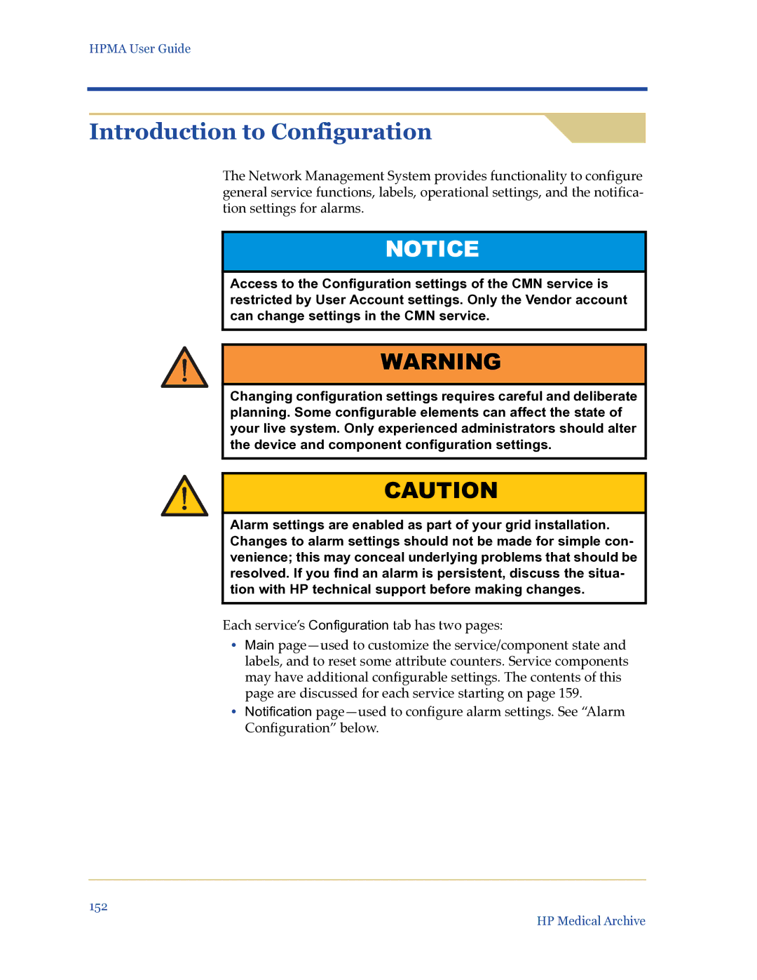 HP Medical Archive Solution manual Introduction to Configuration, Each service’s Configuration tab has two pages 