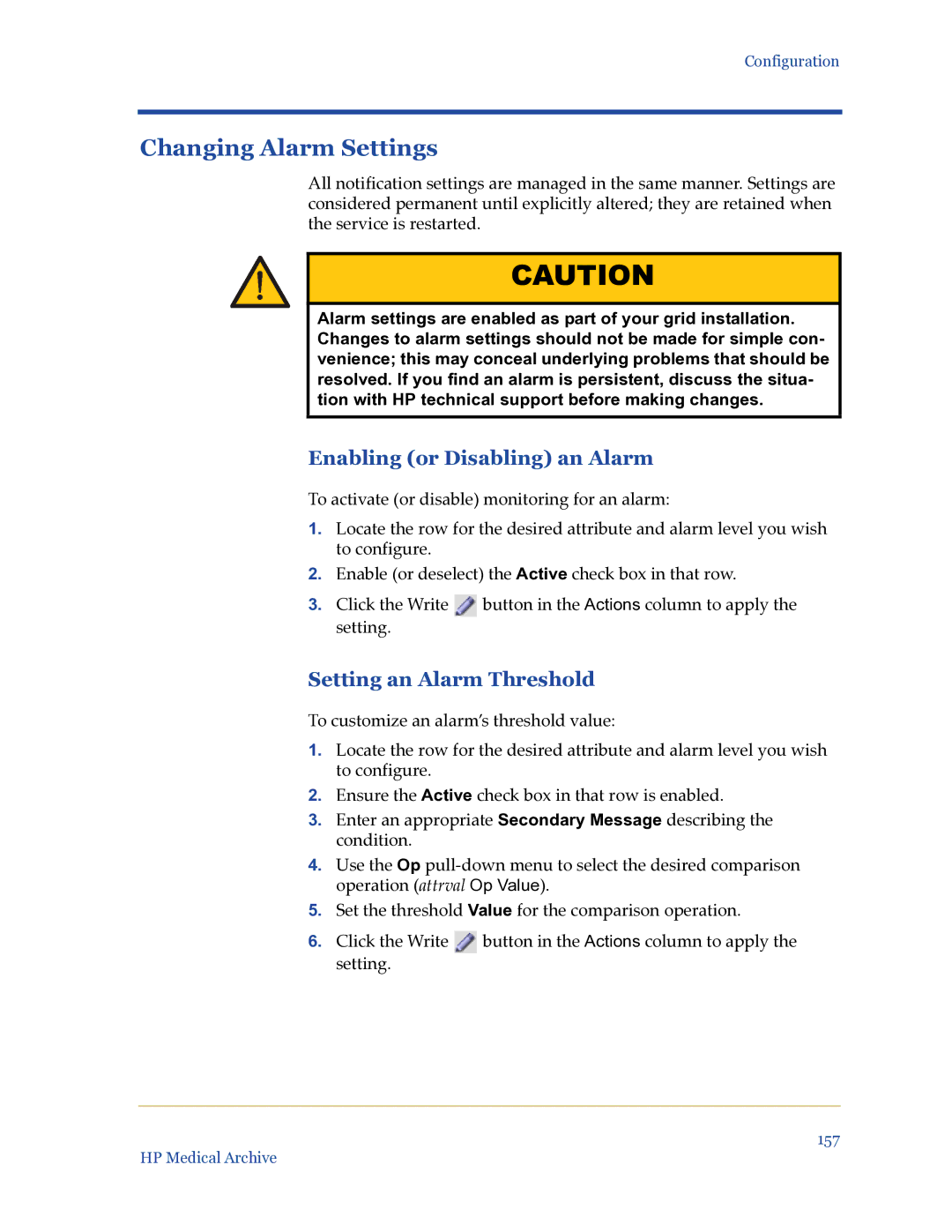 HP Medical Archive Solution manual Changing Alarm Settings, Enabling or Disabling an Alarm, Setting an Alarm Threshold 