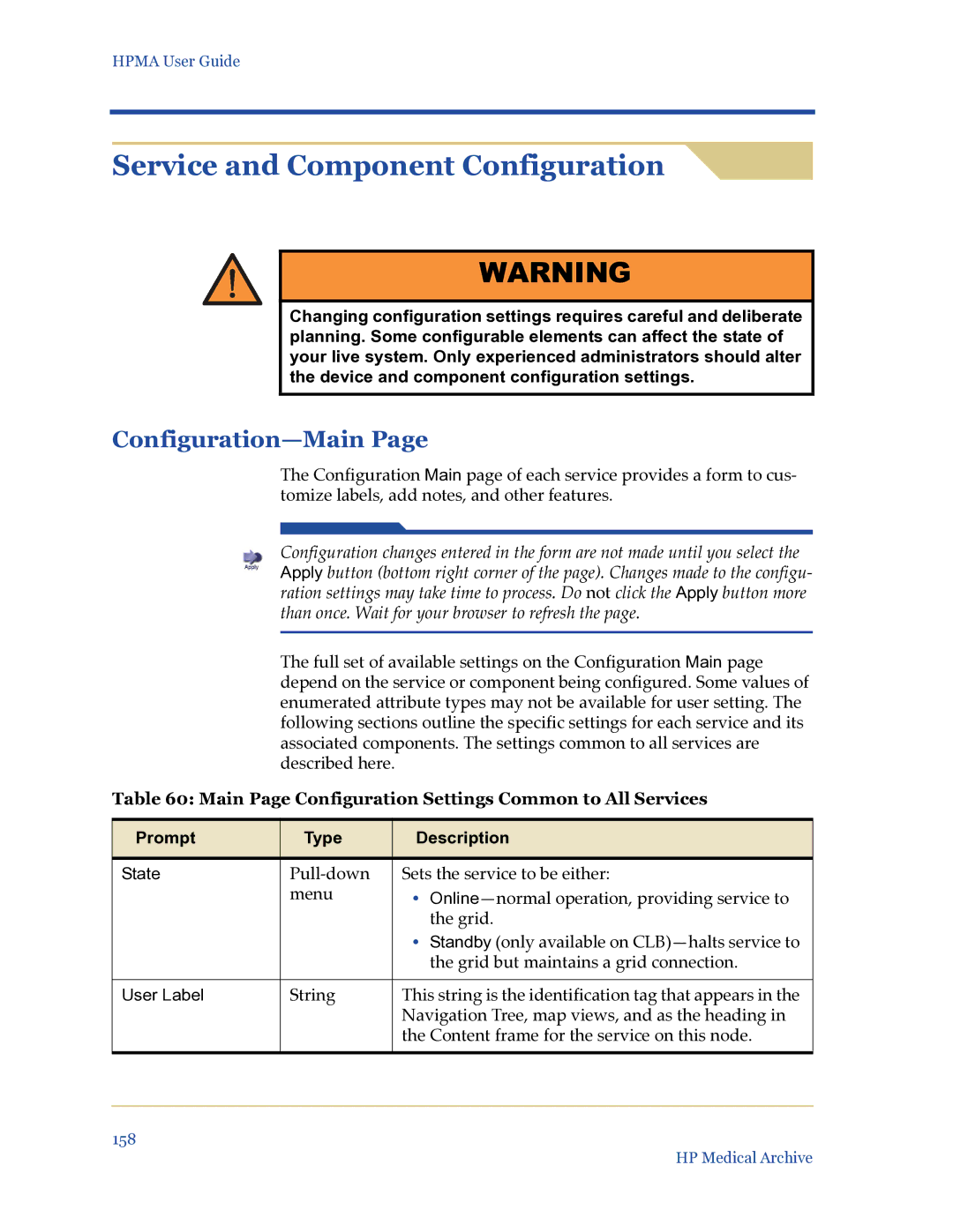 HP Medical Archive Solution manual Service and Component Configuration, Configuration-Main, Prompt Type Description 