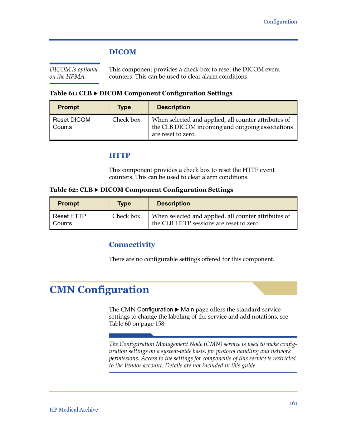 HP Medical Archive Solution manual CMN Configuration, CLB X Dicom Component Configuration Settings, Counts 