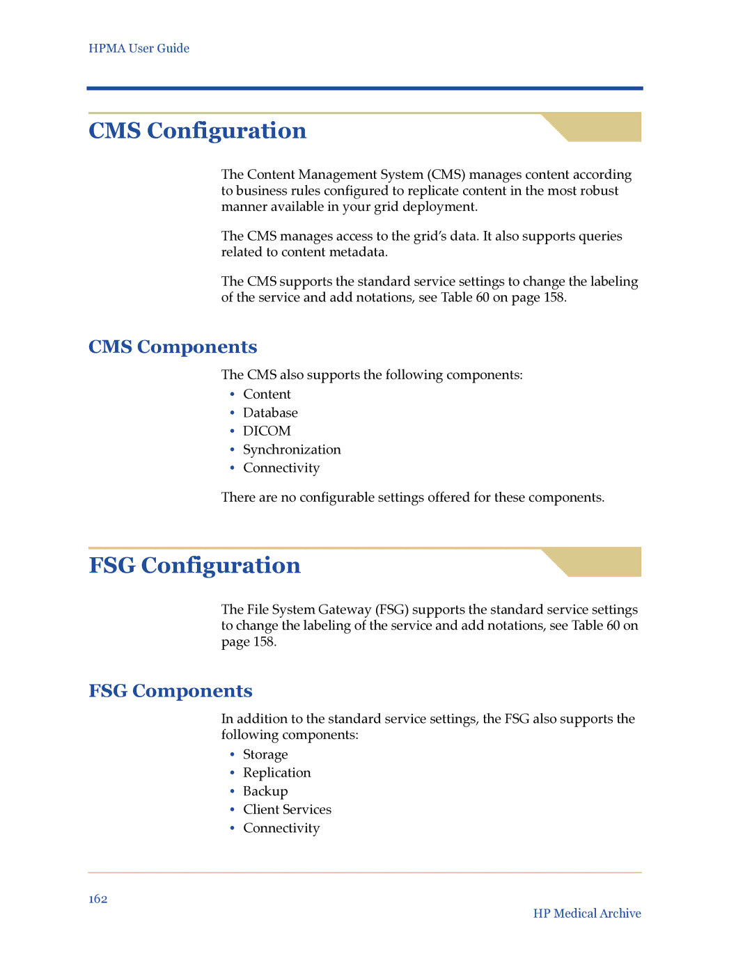 HP Medical Archive Solution manual CMS Configuration, FSG Configuration 