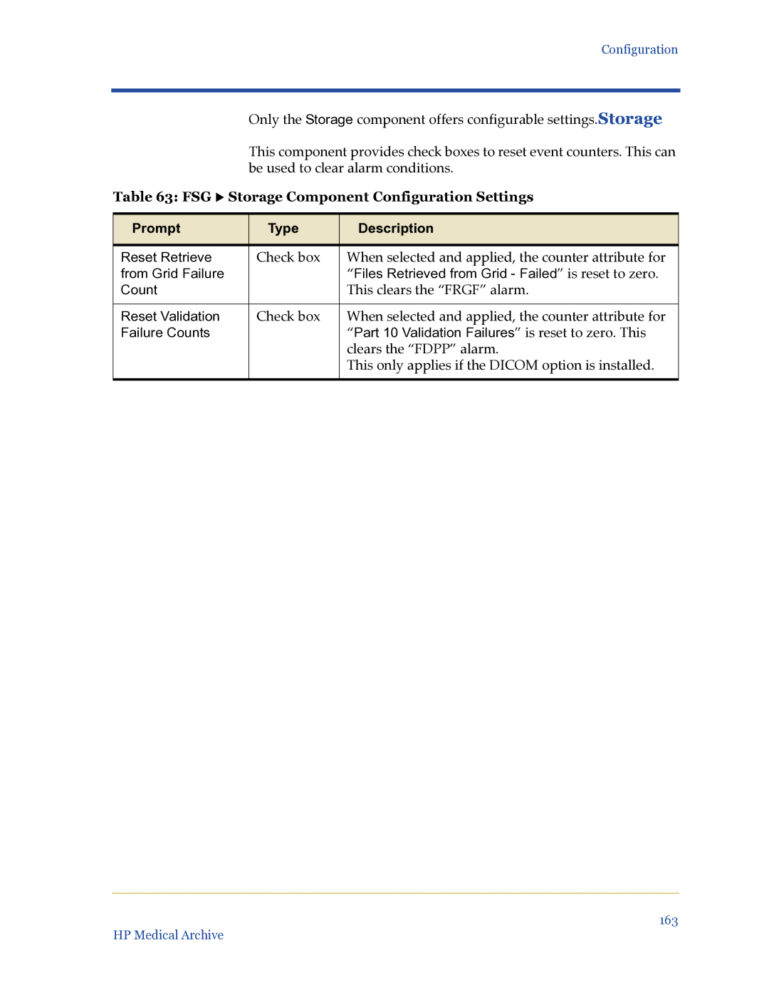 HP Medical Archive Solution manual FSG X Storage Component Configuration Settings, Prompt Type Description 