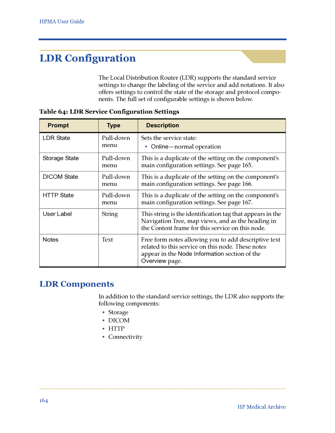 HP Medical Archive Solution manual LDR Configuration, LDR Service Configuration Settings 