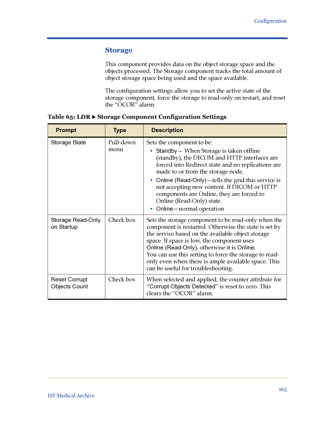 HP Medical Archive Solution manual LDR X Storage Component Configuration Settings 