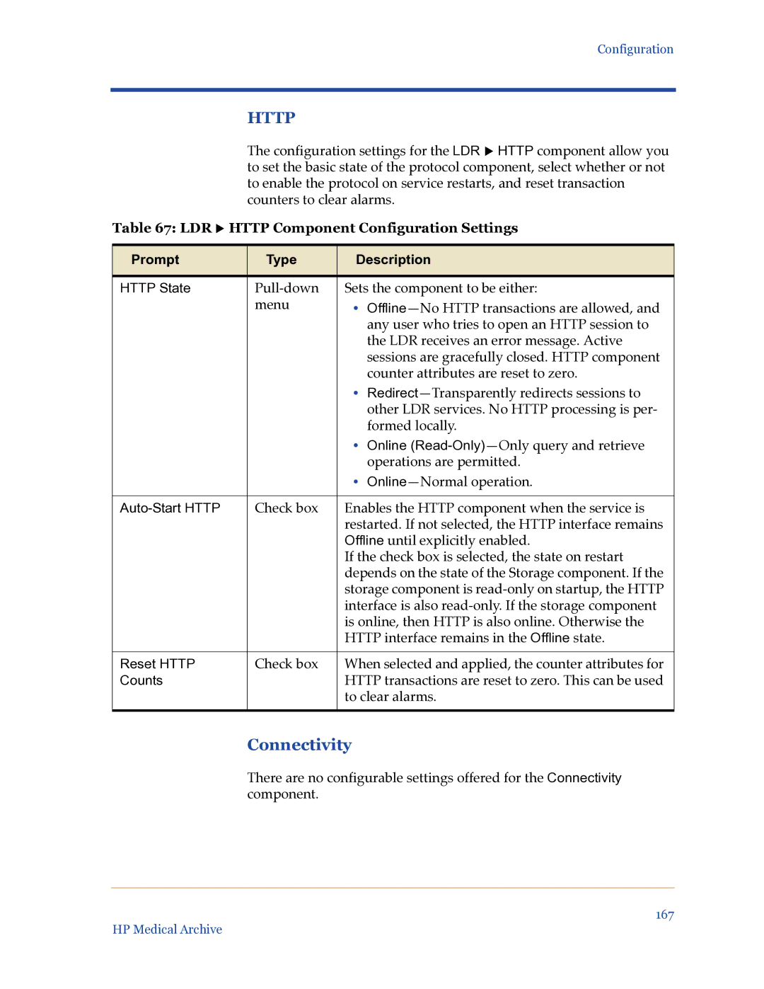 HP Medical Archive Solution manual Connectivity, LDR X Http Component Configuration Settings 