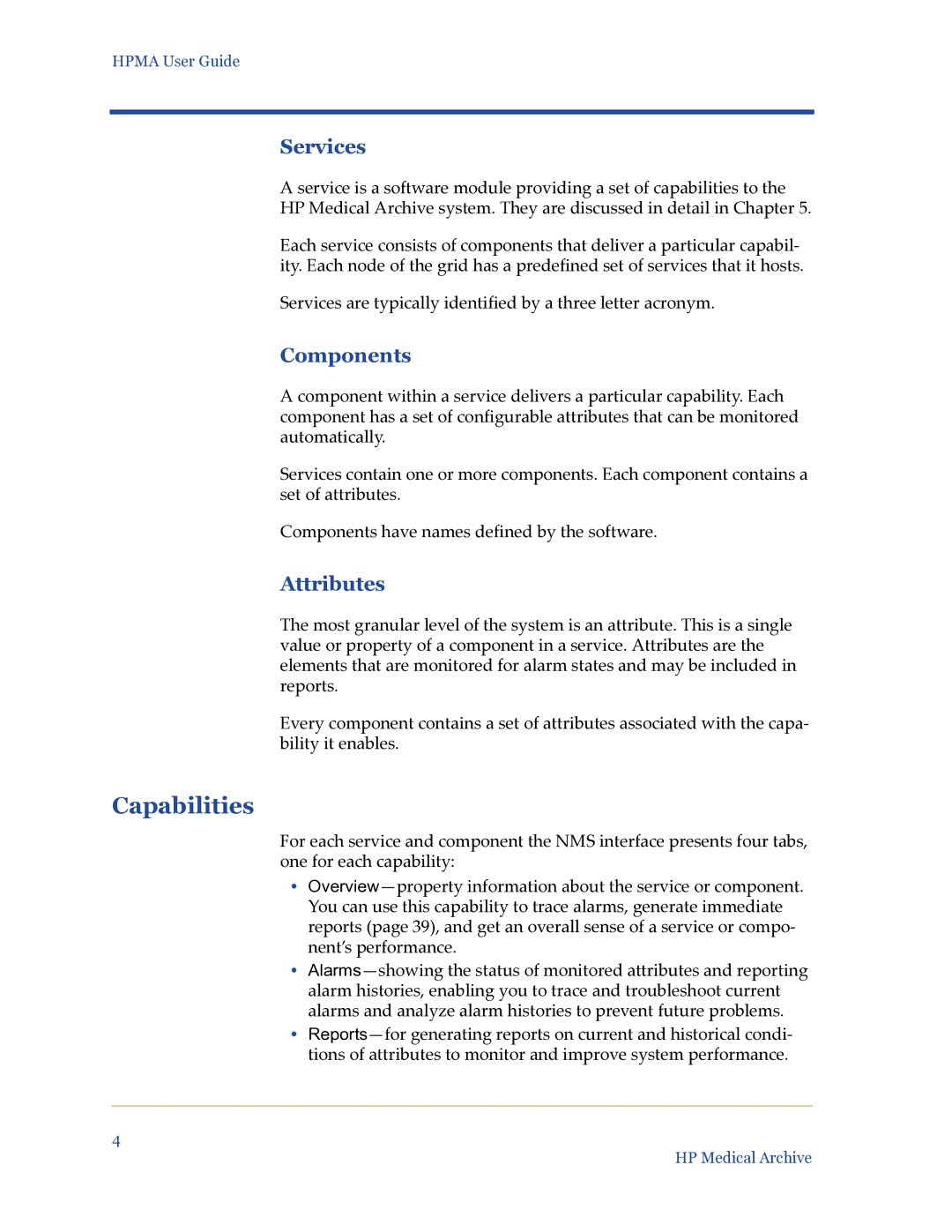 HP Medical Archive Solution manual Capabilities, Services, Components, Attributes 