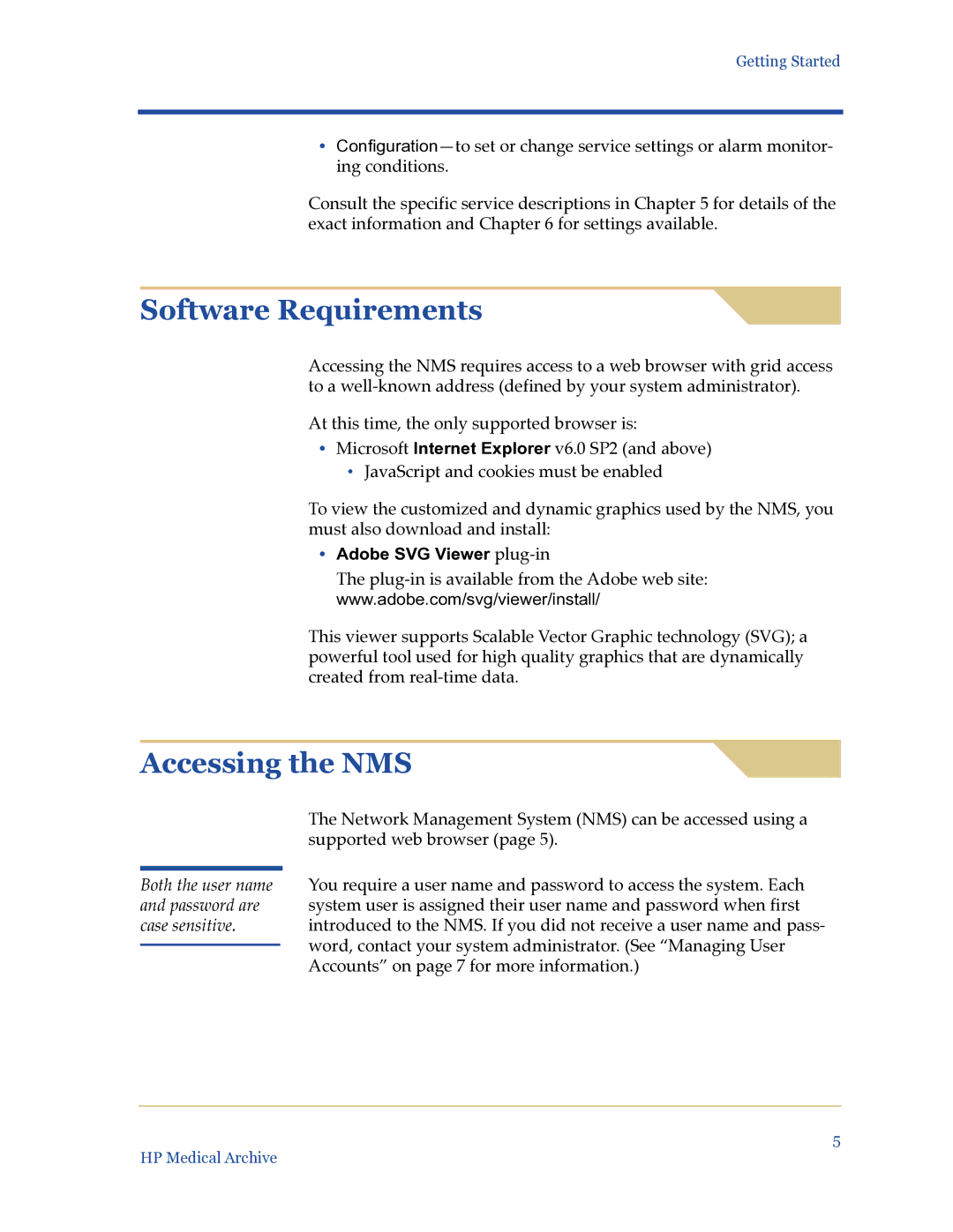 HP Medical Archive Solution manual Software Requirements, Accessing the NMS, Adobe SVG Viewer plug-in 