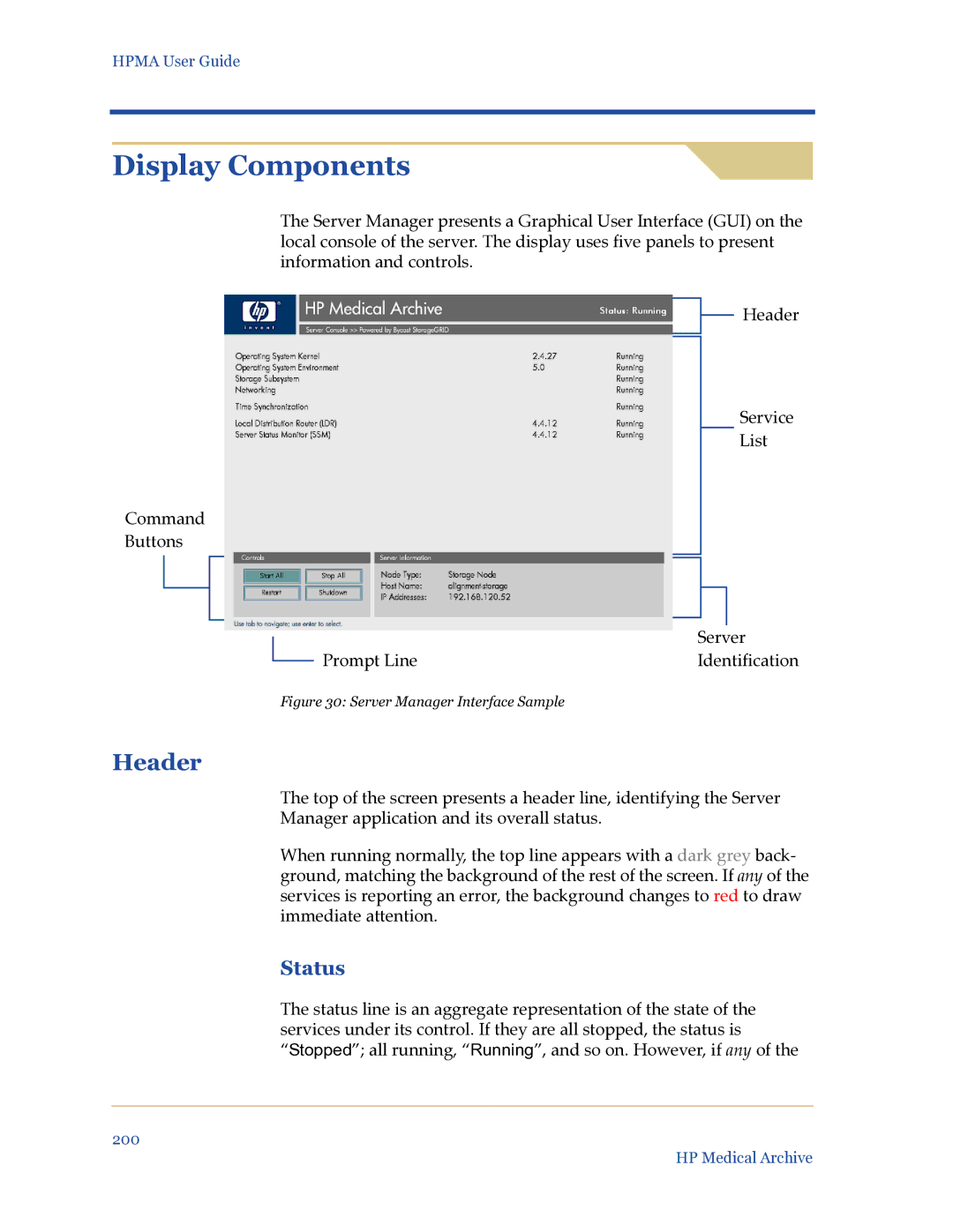 HP Medical Archive Solution manual Display Components, Header, Status 