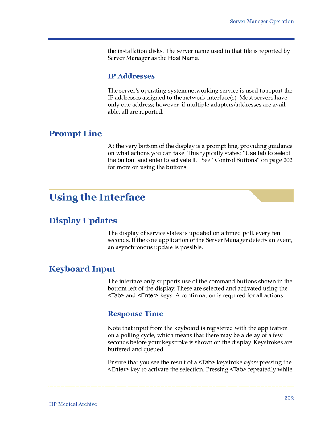 HP Medical Archive Solution manual Using the Interface, Prompt Line, Display Updates, Keyboard Input 