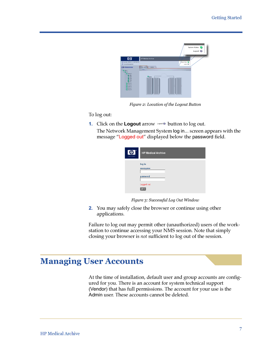 HP Medical Archive Solution manual Managing User Accounts, Location of the Logout Button 