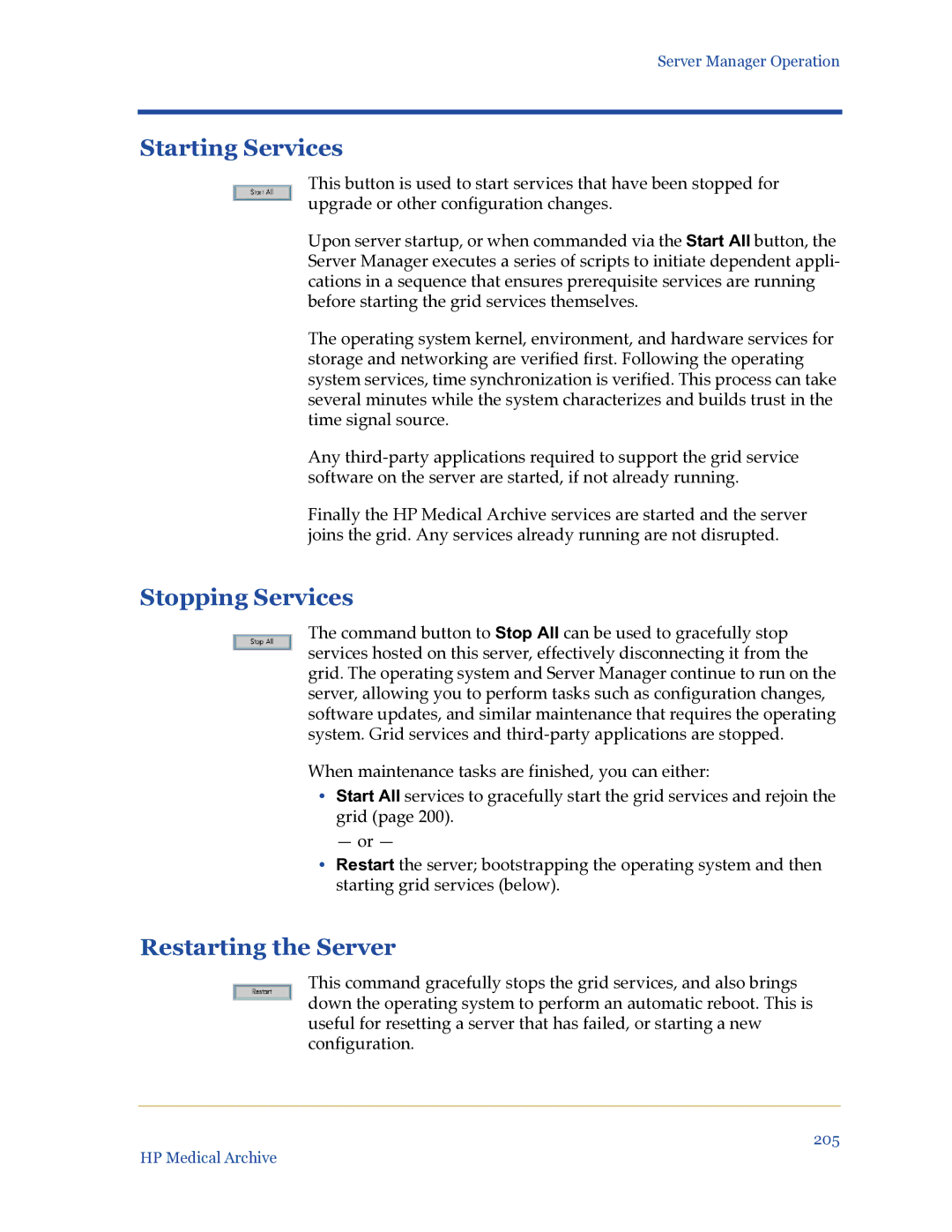 HP Medical Archive Solution manual Starting Services, Stopping Services, Restarting the Server 