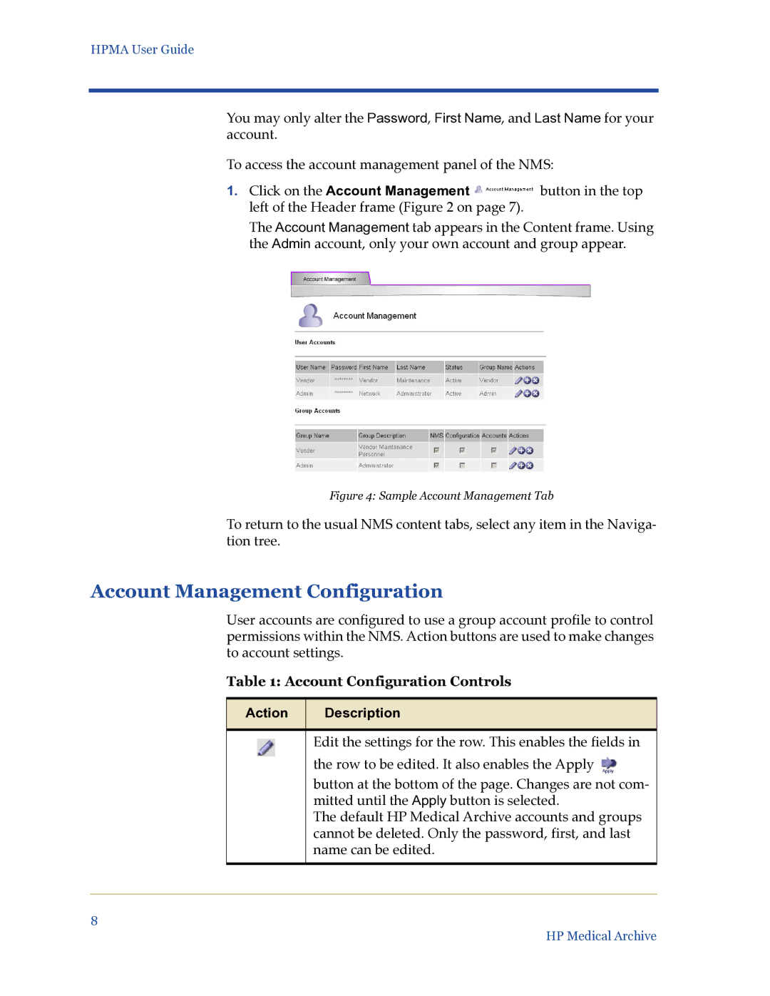 HP Medical Archive Solution manual Account Management Configuration, Account Configuration Controls, Action Description 