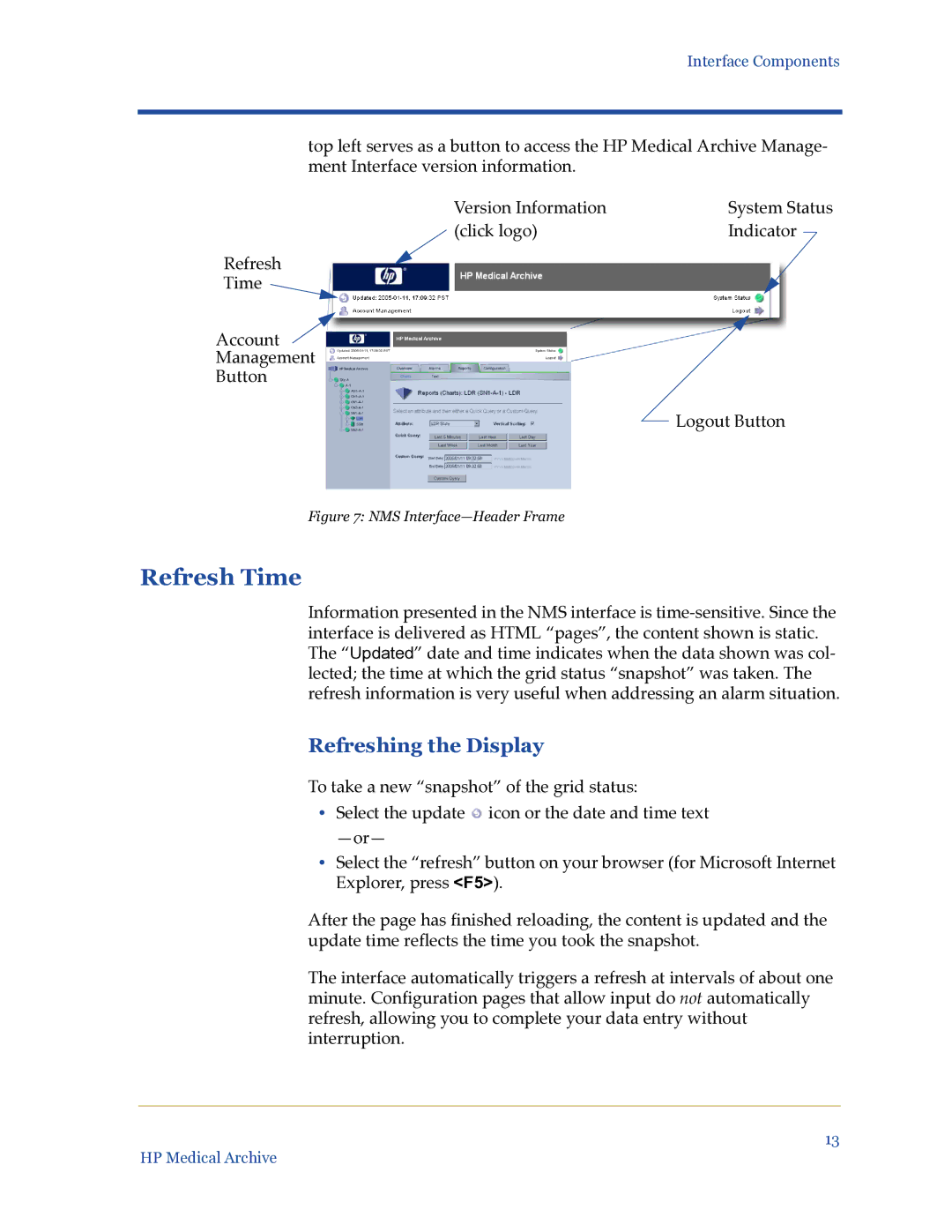 HP Medical Archive Solution manual Refresh Time, Refreshing the Display 