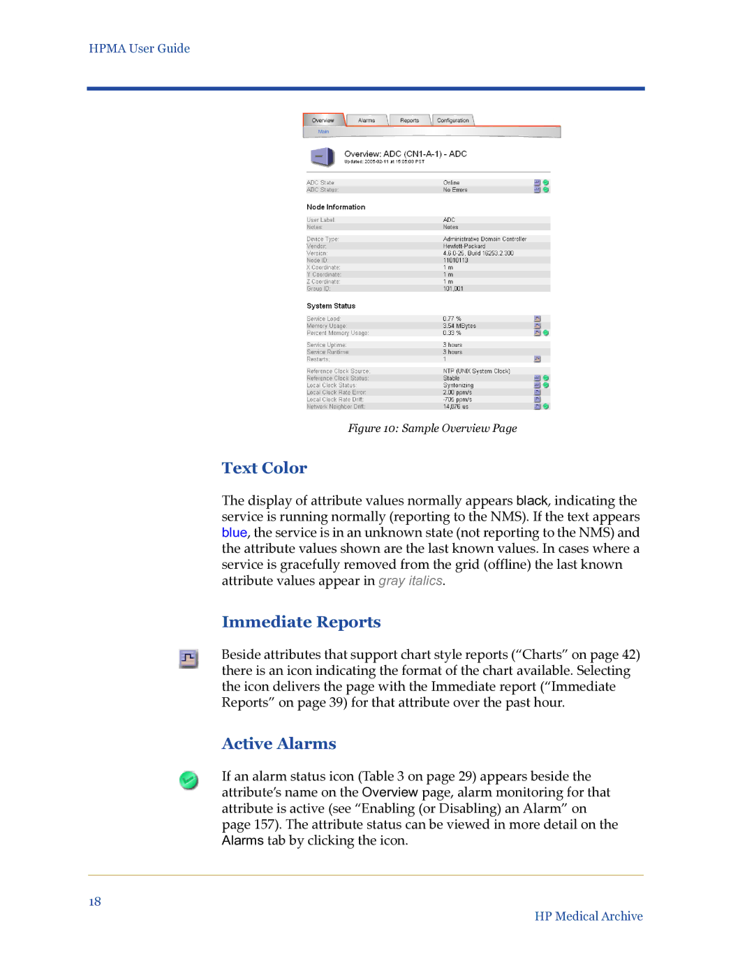 HP Medical Archive Solution manual Text Color, Immediate Reports, Active Alarms 