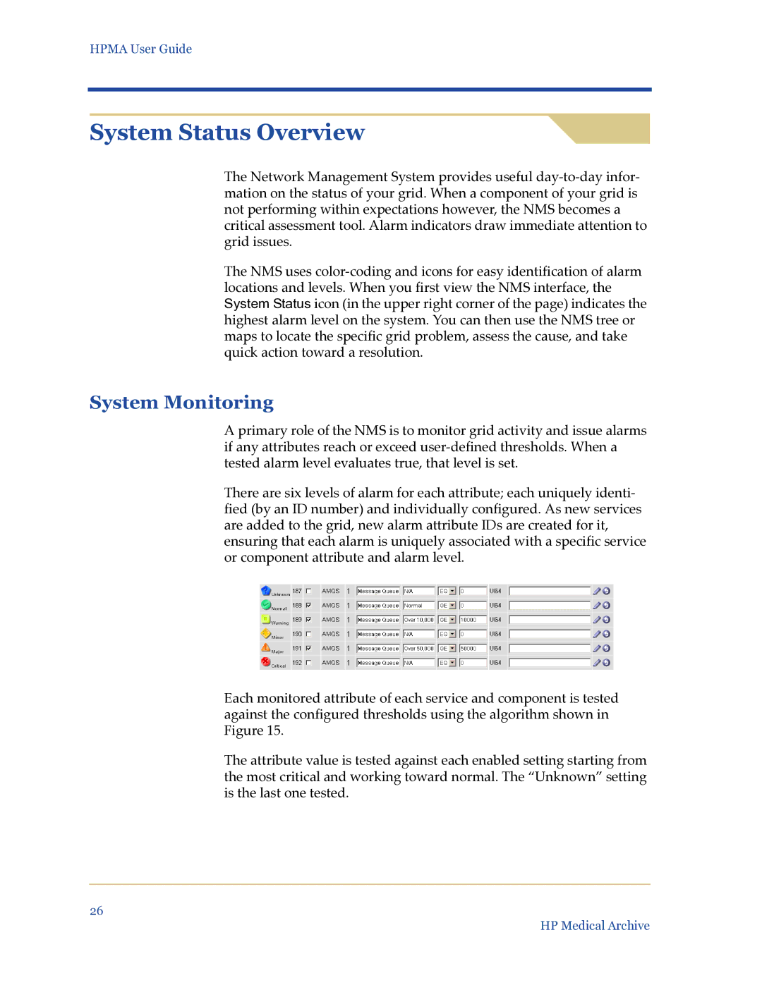 HP Medical Archive Solution manual System Status Overview, System Monitoring 