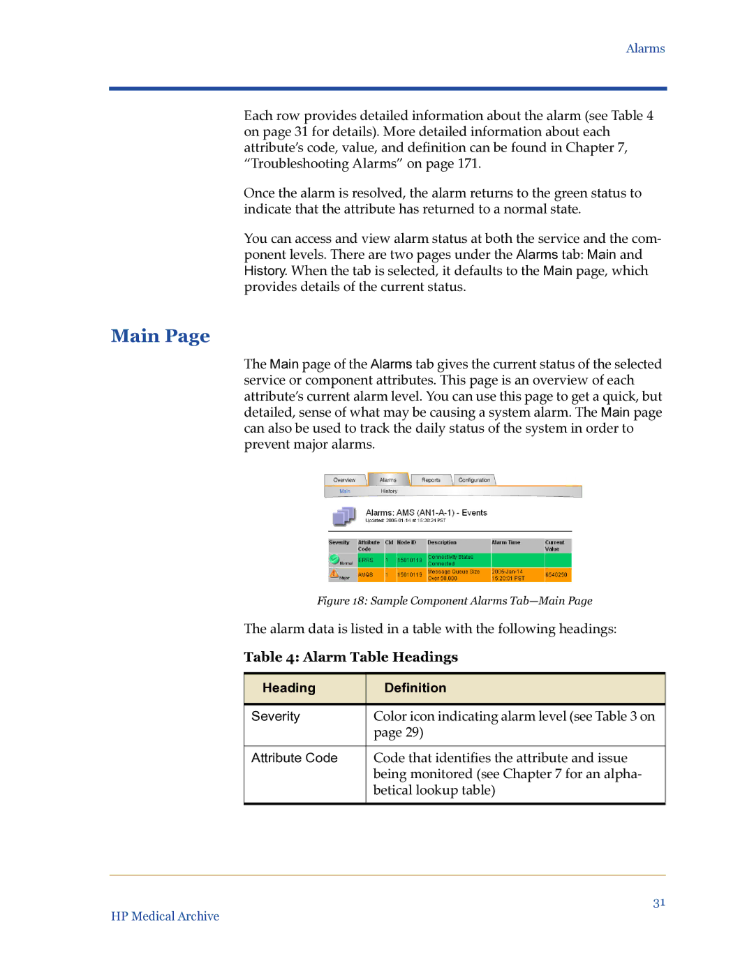 HP Medical Archive Solution manual Main, Alarm Table Headings, Heading Definition 