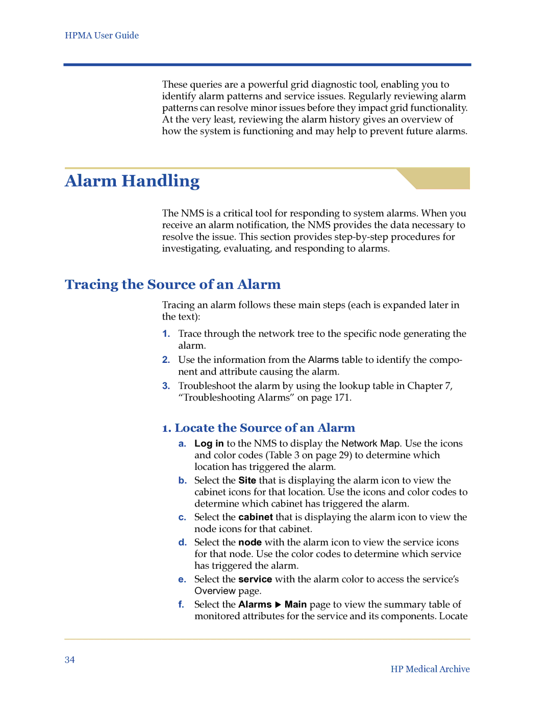 HP Medical Archive Solution manual Alarm Handling, Tracing the Source of an Alarm, Locate the Source of an Alarm 