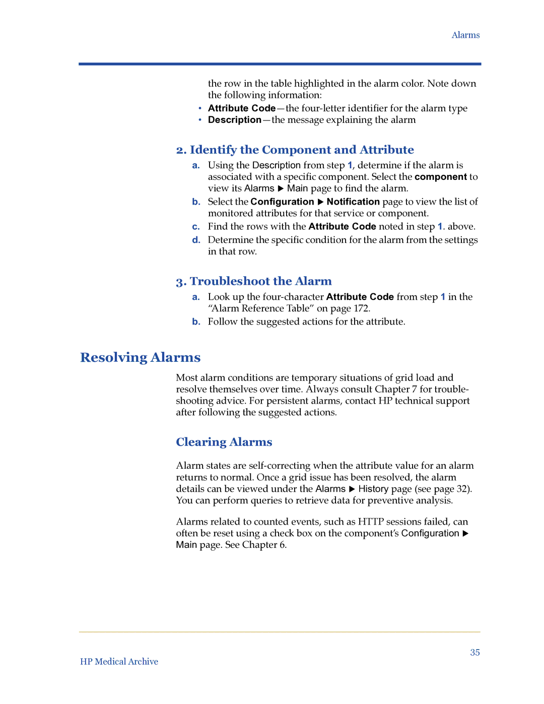 HP Medical Archive Solution manual Resolving Alarms, Identify the Component and Attribute, Troubleshoot the Alarm 