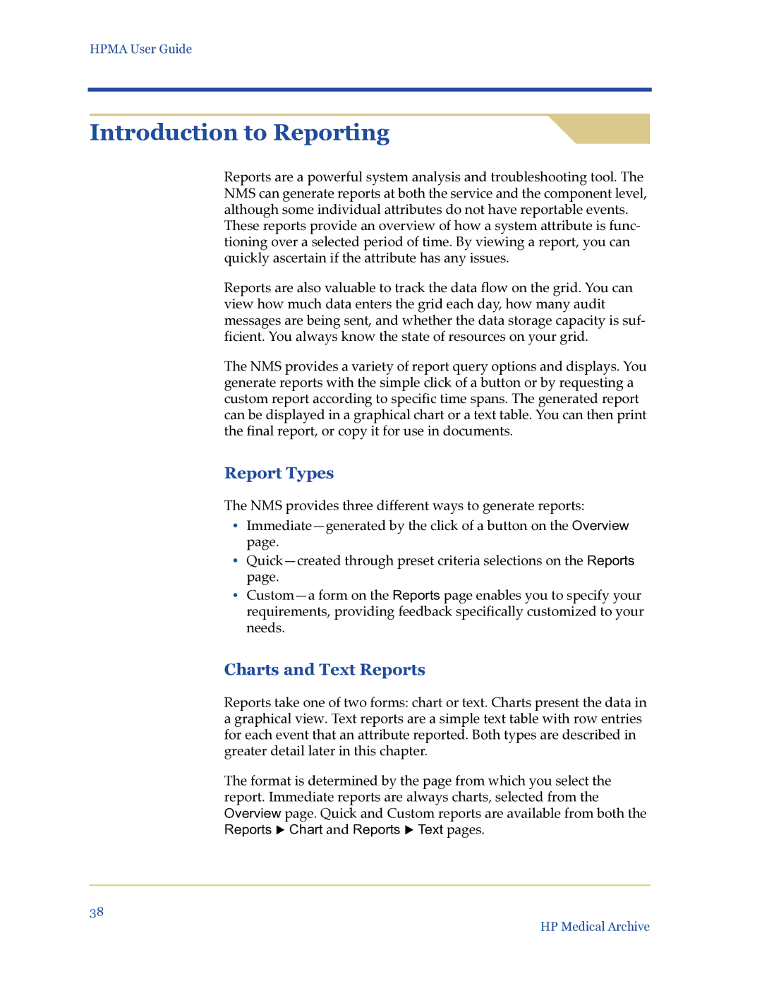 HP Medical Archive Solution manual Introduction to Reporting, Report Types, Charts and Text Reports 