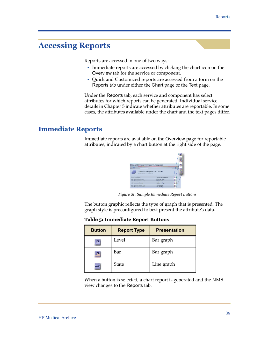 HP Medical Archive Solution manual Accessing Reports, Immediate Reports, Immediate Report Buttons 